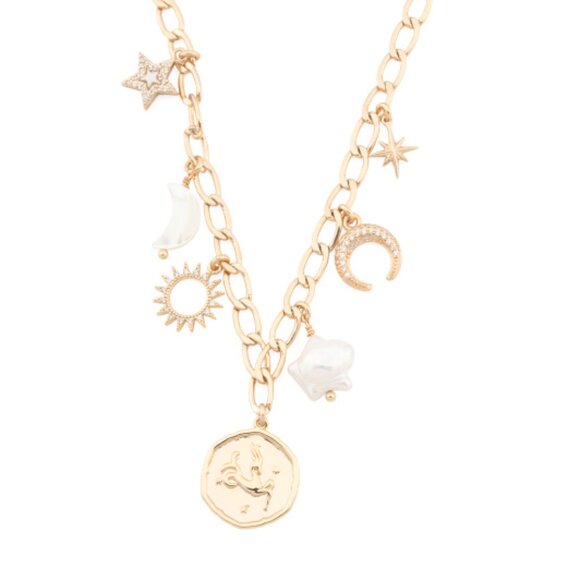 NWT LUNA NORTE Capricorn Gold-Tone Astrological Freshwater Pearl Charm Necklace - Picture 1 of 2